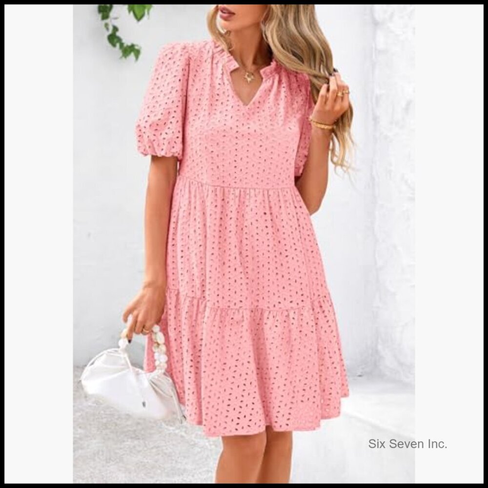 Eyelet Summer Mini Dress with Hollow Out Detail Short Sleeve V Neck - Picture 5 of 7
